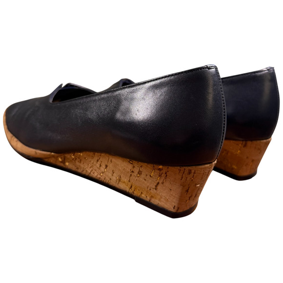 Magdesian Women's 10 Navy Leather Cork Wedge Heels Comfort Casual Italy - Picture 4 of 11